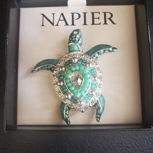Napier Silver Tone Beaded and Enameled Green Sea Turtle Pin Brooch New in Box